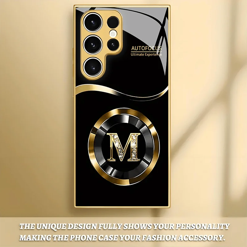 Black letter pattern glass phone case by Corporación Turística, showing a sleek, transparent design with bold letter motifs.