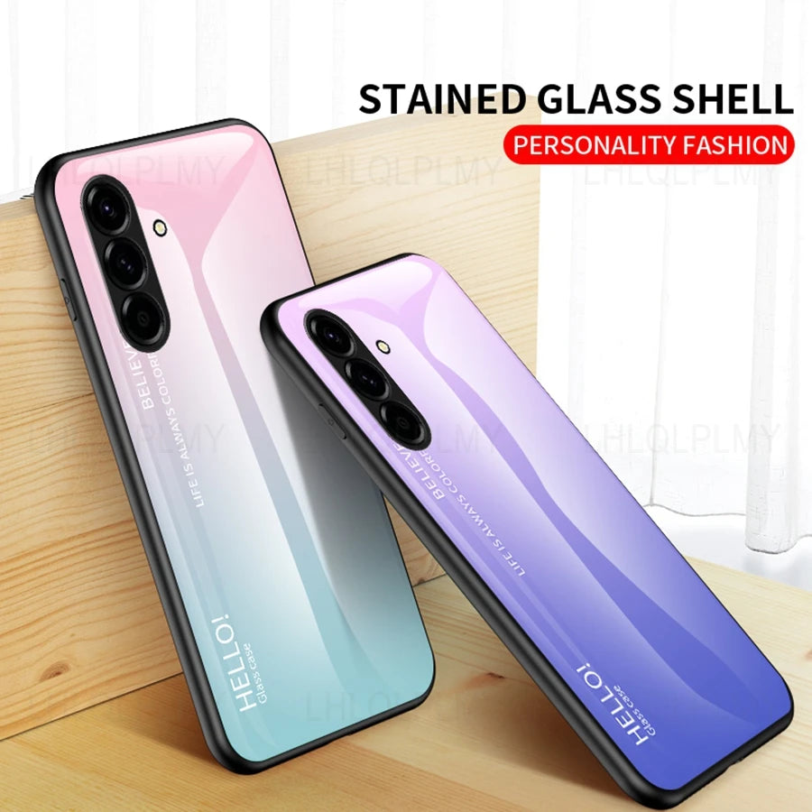 Tempered glass screen protector with gradient design for Samsung Galaxy smartphone, featuring a sleek, protective cover from Corporación Turística.