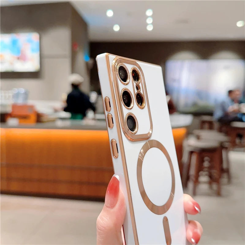 Luxury Samsung Galaxy S24 Ultra MagSafe case with gold-plated frame and stylish design, showcasing the elegant protective cover.