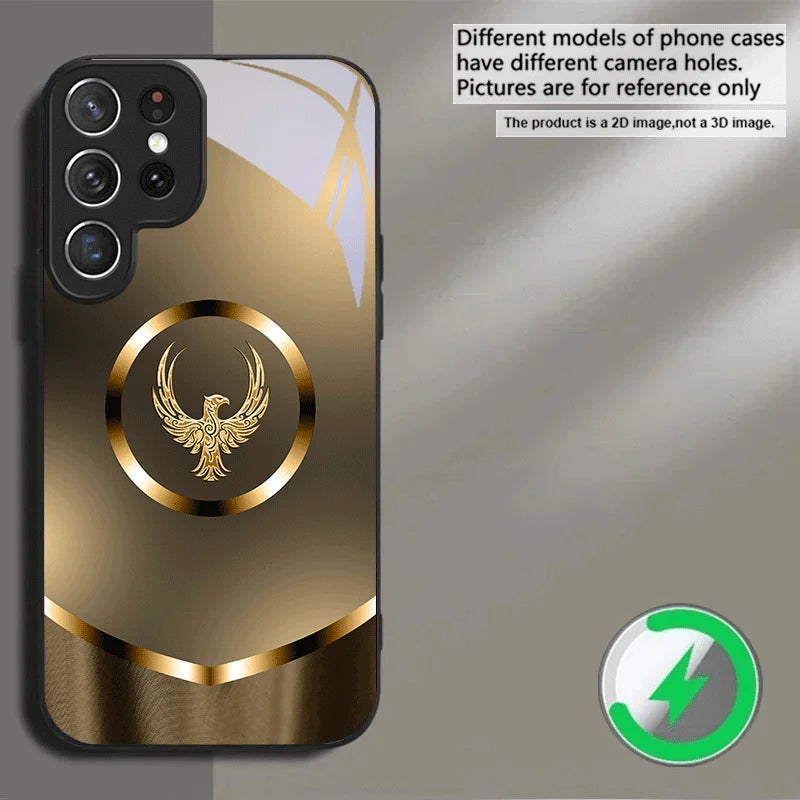 Clear glass phone case with a gold gradient design, suitable for smartphones, by Corporación Turística.