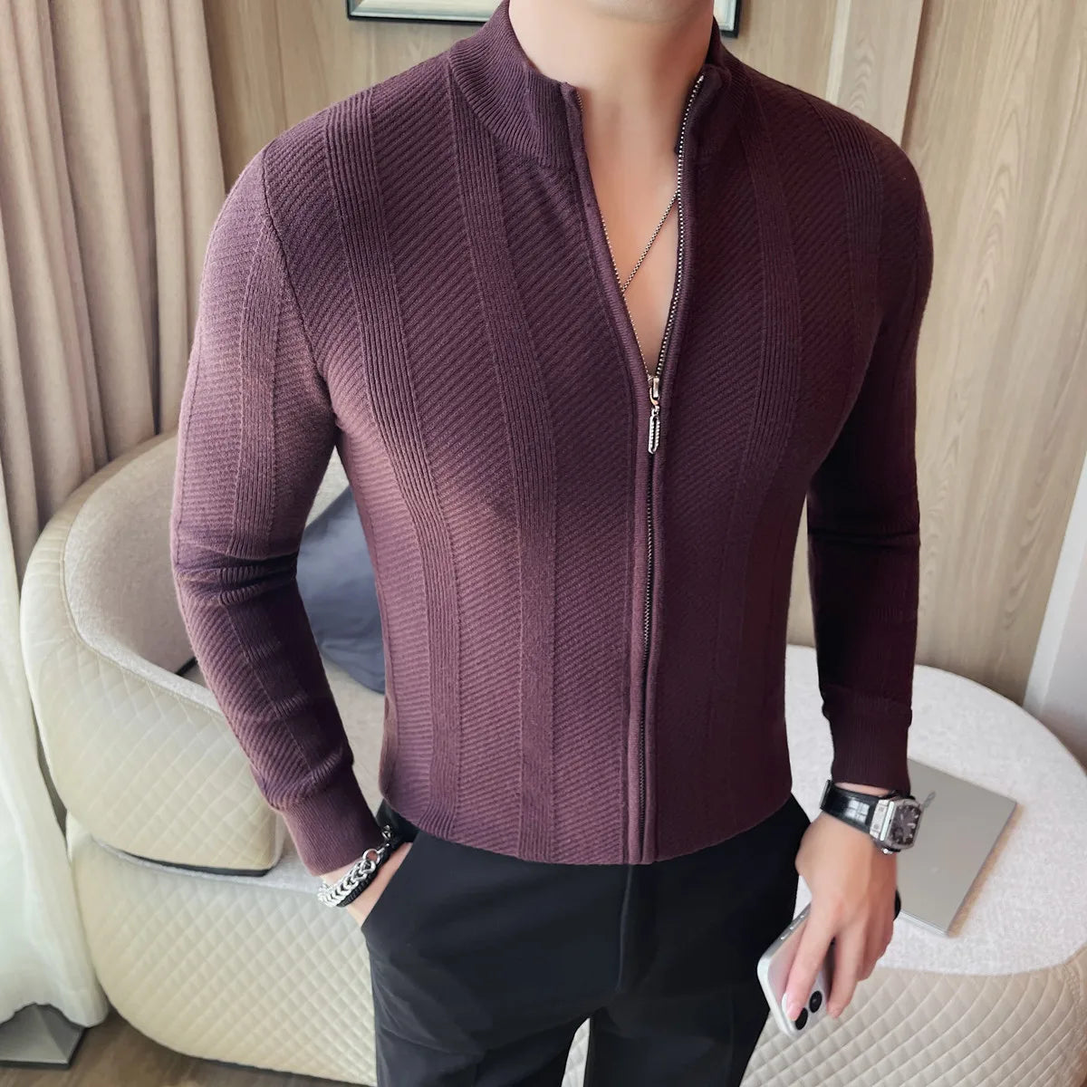 Suéter de Hombre Otoño Invierno Cremallera Cuello Alto Tejido Elástico Cálido