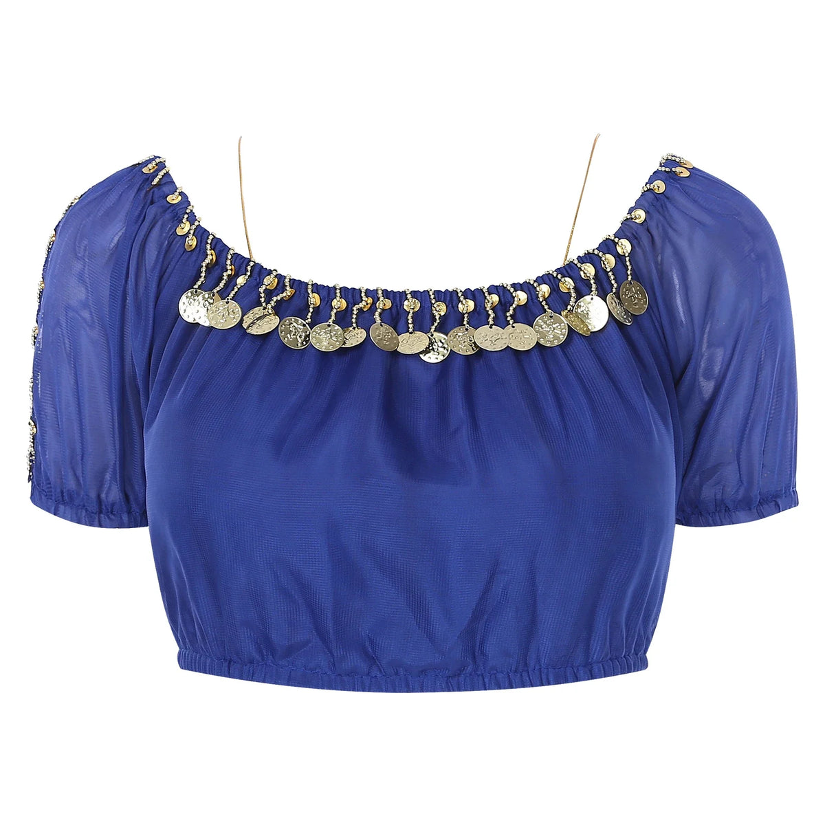 Shiny silver sequin crop top for women with oriental-inspired style, featuring intricate embellishments and a fitted design.