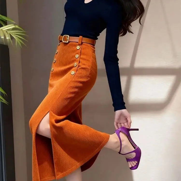Falda larga de pana morada francesa para mujer, estilo re...