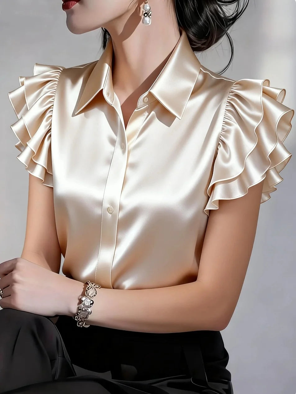 Elegante Camisa de Satén con Botones para Mujer, Blusa de...