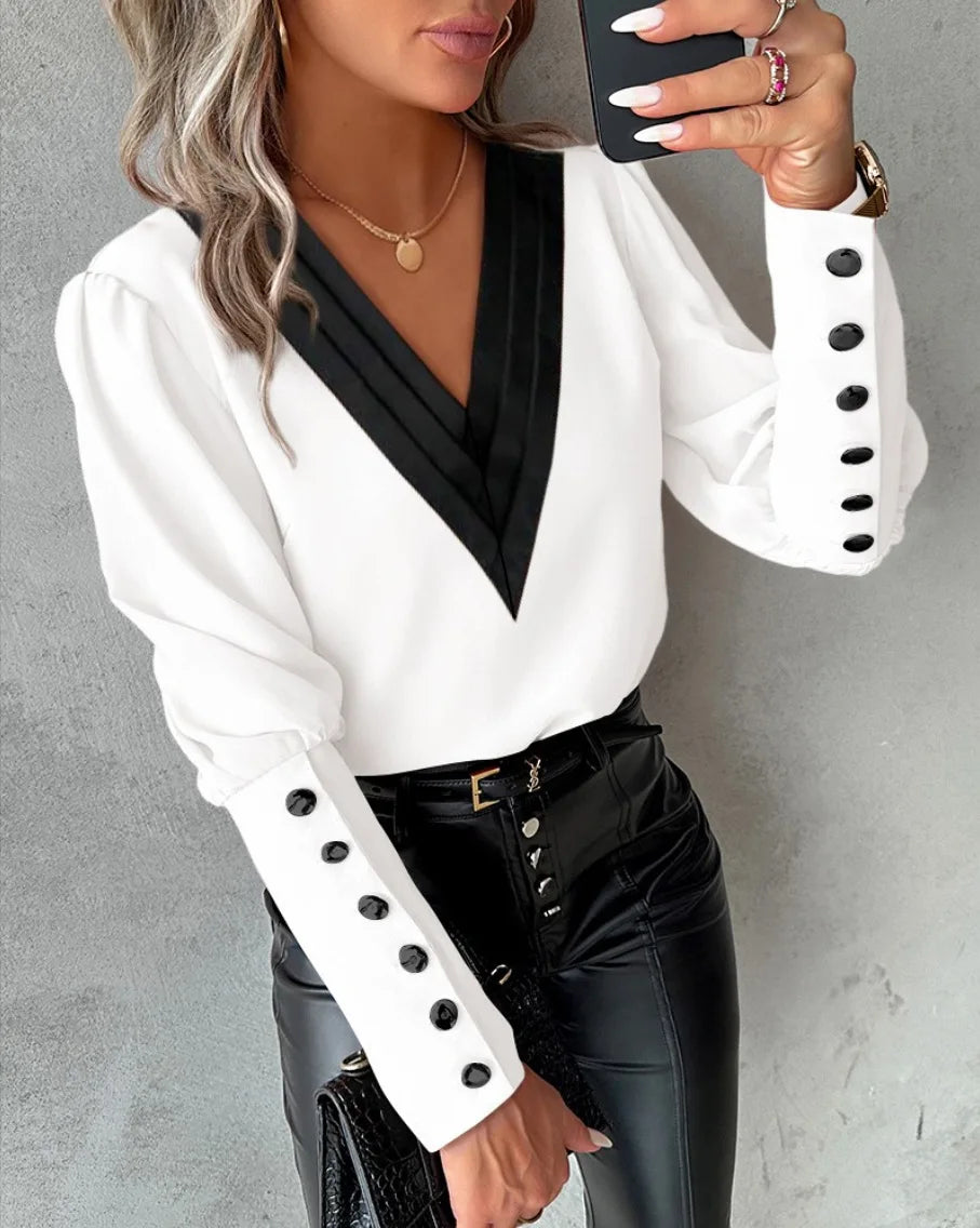 Blusa de oficina con cuello en V y botones para mujer, ca...