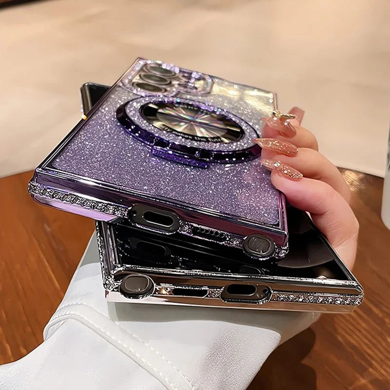 Magnetic glitter and diamond phone case for Samsung, featuring sparkling accents and a sleek protective design.