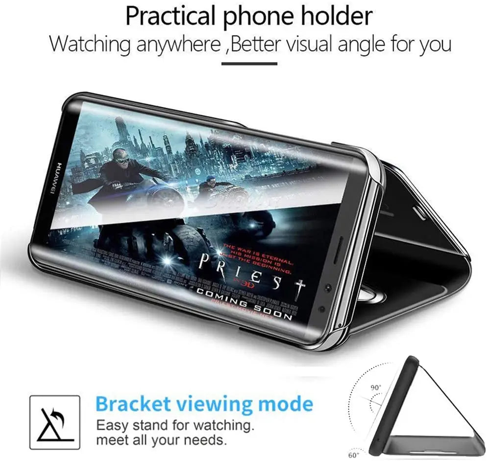 Luxury smart protective case with mirror for Samsung smartphones, featuring sleek design and durable materials from Corporación Turística.