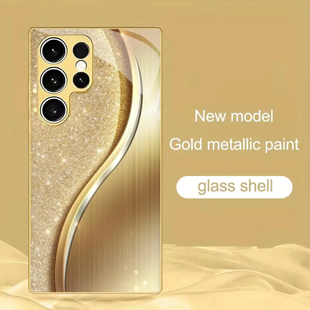 Gold-plated textured glass phone case by Corporación Turística, showcasing a sleek, elegant design with a durable protective surface.