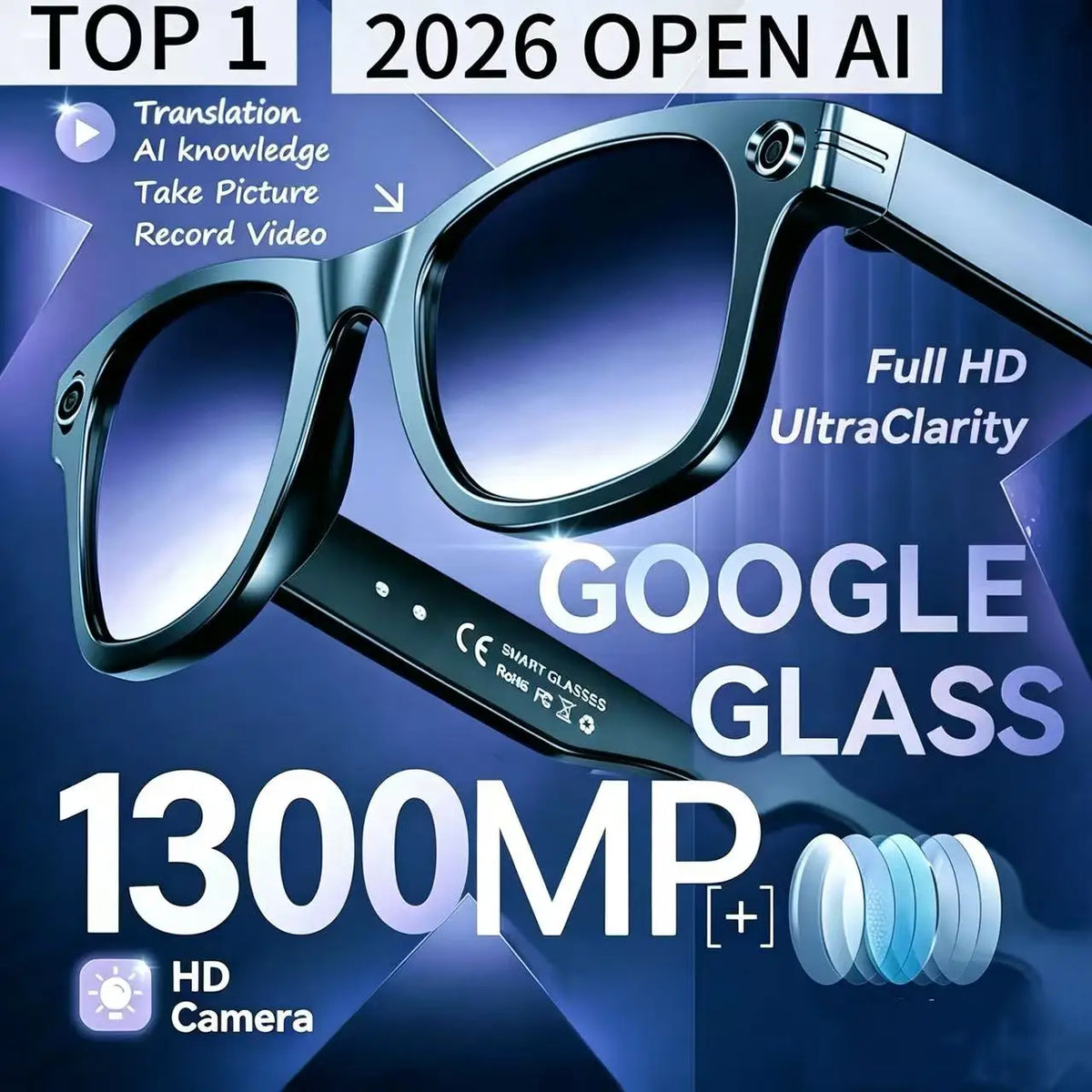 Gafas Inteligentes Meta AI TOP 1 con Cámara de 13MP, Grab...