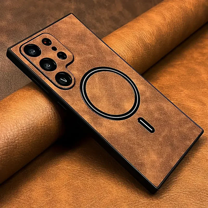 Luxury leather magnetic phone case for Samsung Galaxy S26, by Corporación Turística, featuring a sleek, protective design with magnetic closure.