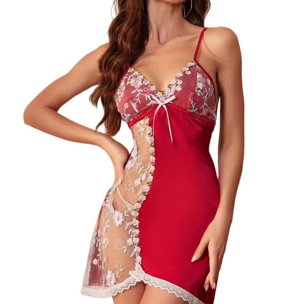 Camisón de encaje fino con lazo para mujer, vestido de pi...