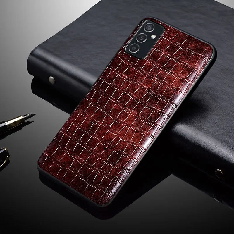 Leather PU phone case with 3D textured matte finish, soft grip, and anti-shock protection from Corporación Turística.