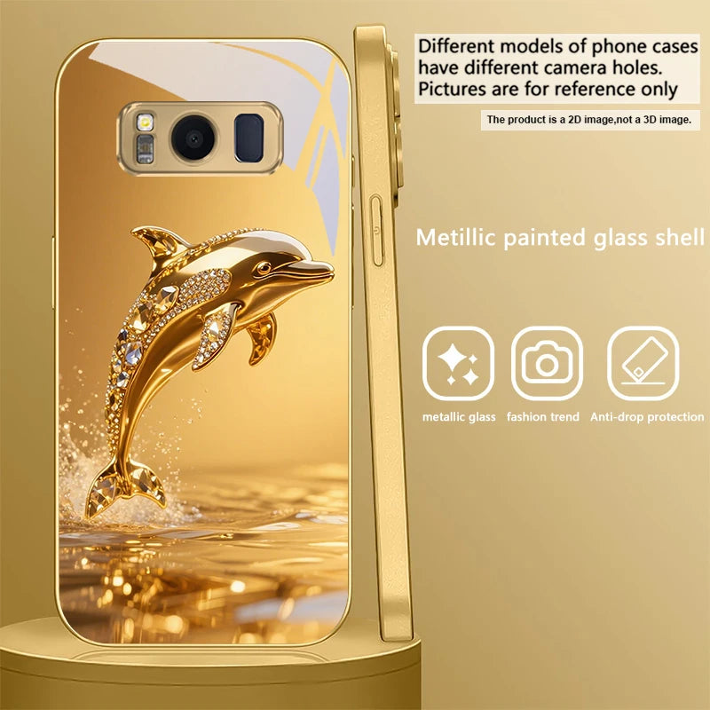 Golden dolphin phone case for Samsung Galaxy S20 FE, S21 Plus, S22, and S23, featuring a detailed dolphin design.