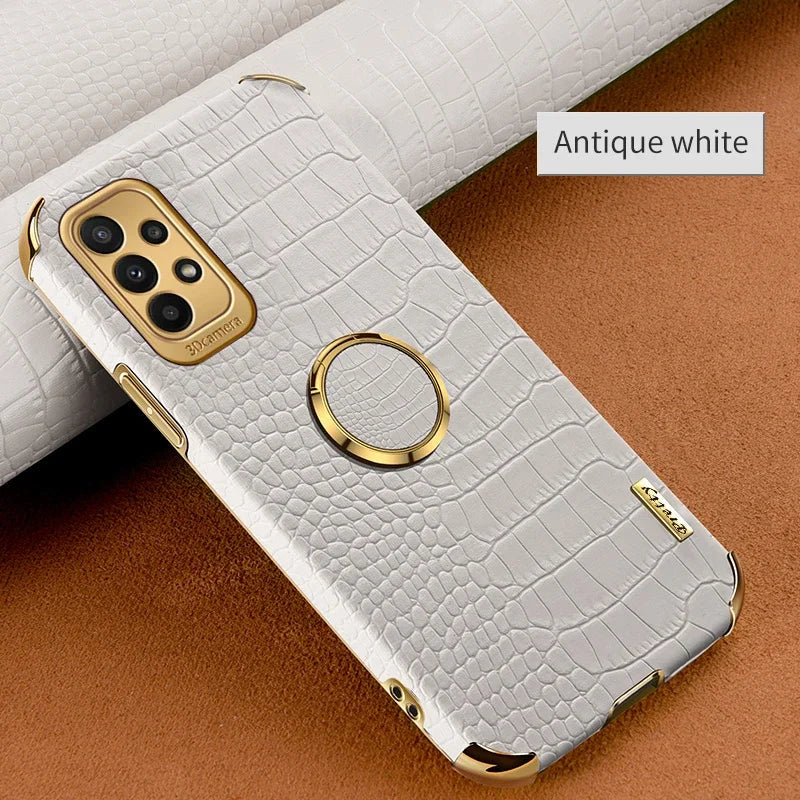 Crocodile-pattern leather phone case for Samsung Galaxy, black color, with precise cutouts and textured surface.