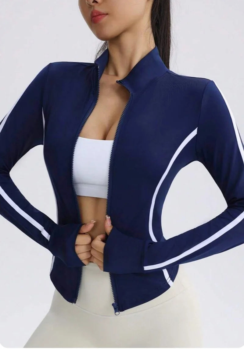 Chaqueta de yoga azul marino para mujer con costuras en c...
