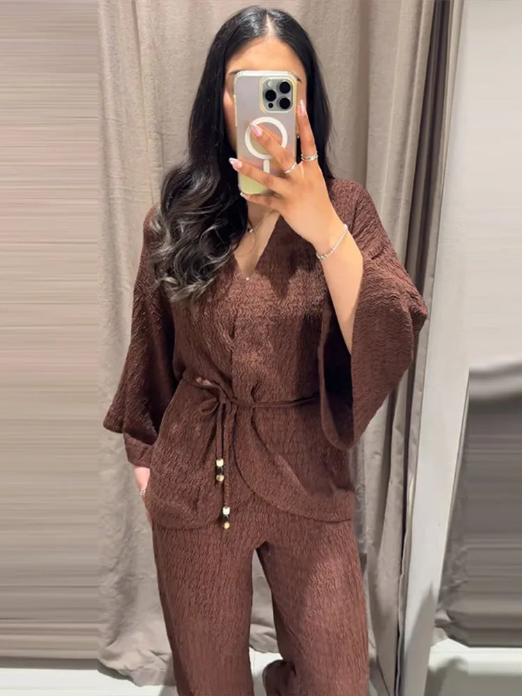 Conjunto Casual Mujer V-Neck Manga Ancha Lazo Pantalón Holgado