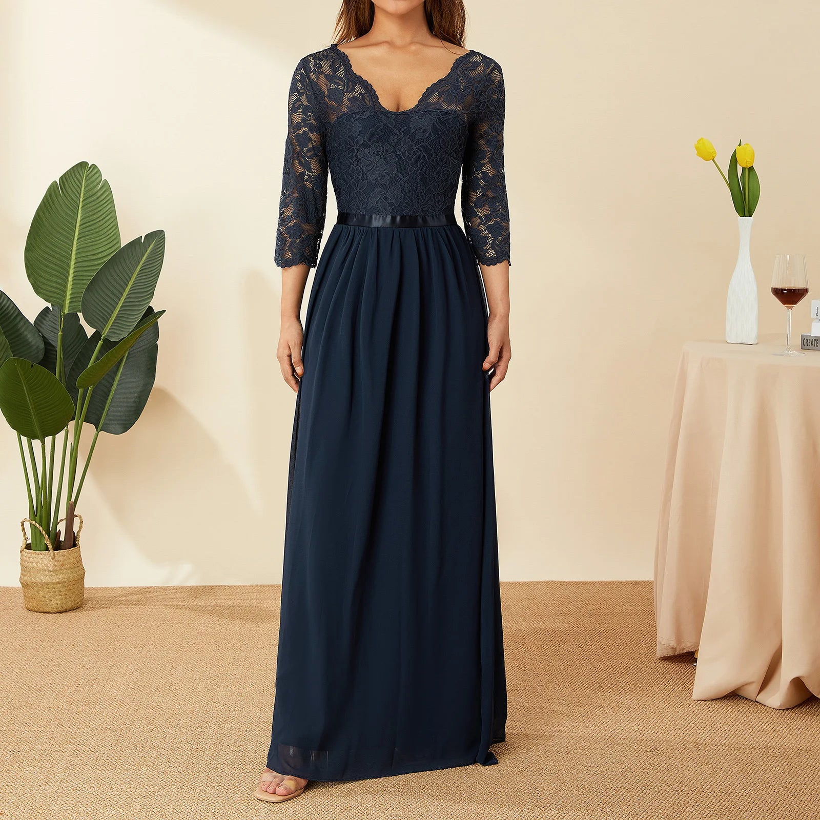 Vestidos largos elegantes de gasa de encaje, vestido de n...