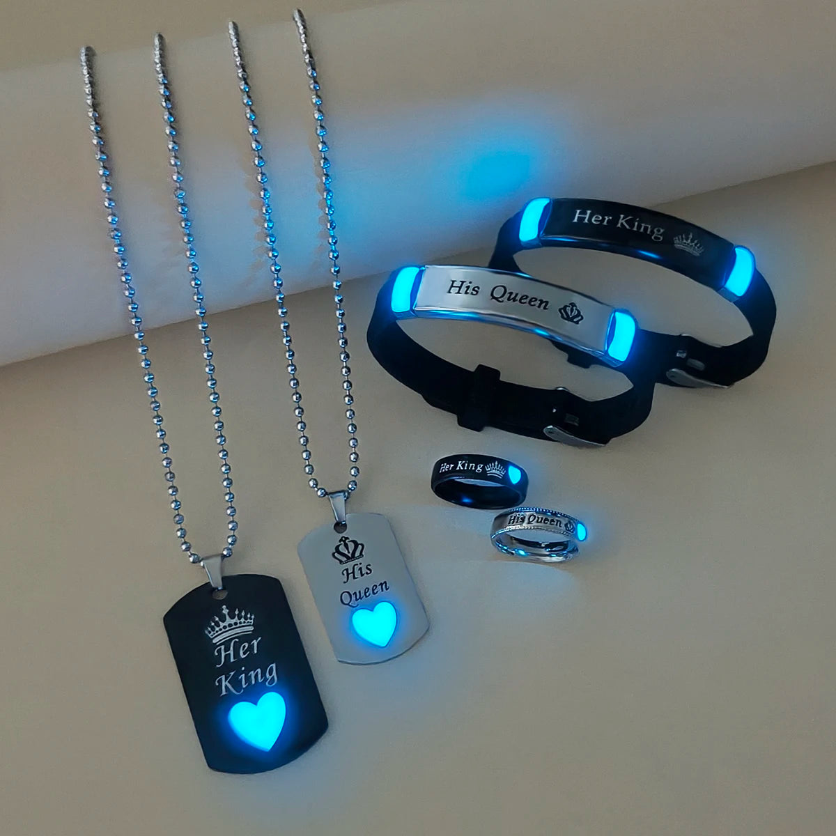 Conjunto 6 Pz Corazón Corona Luminoso - Joyería Pareja (Aniversario)