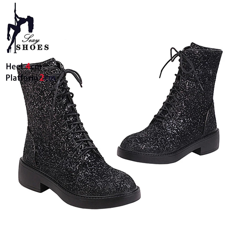 Botas cortas brillantes para mujer, zapatos informales de...