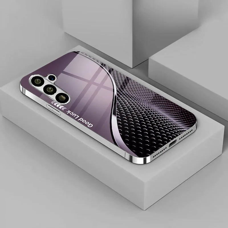 Electroplated glass phone case with decorative design, designed for a smartphone, showcasing a sleek, stylish protective cover.