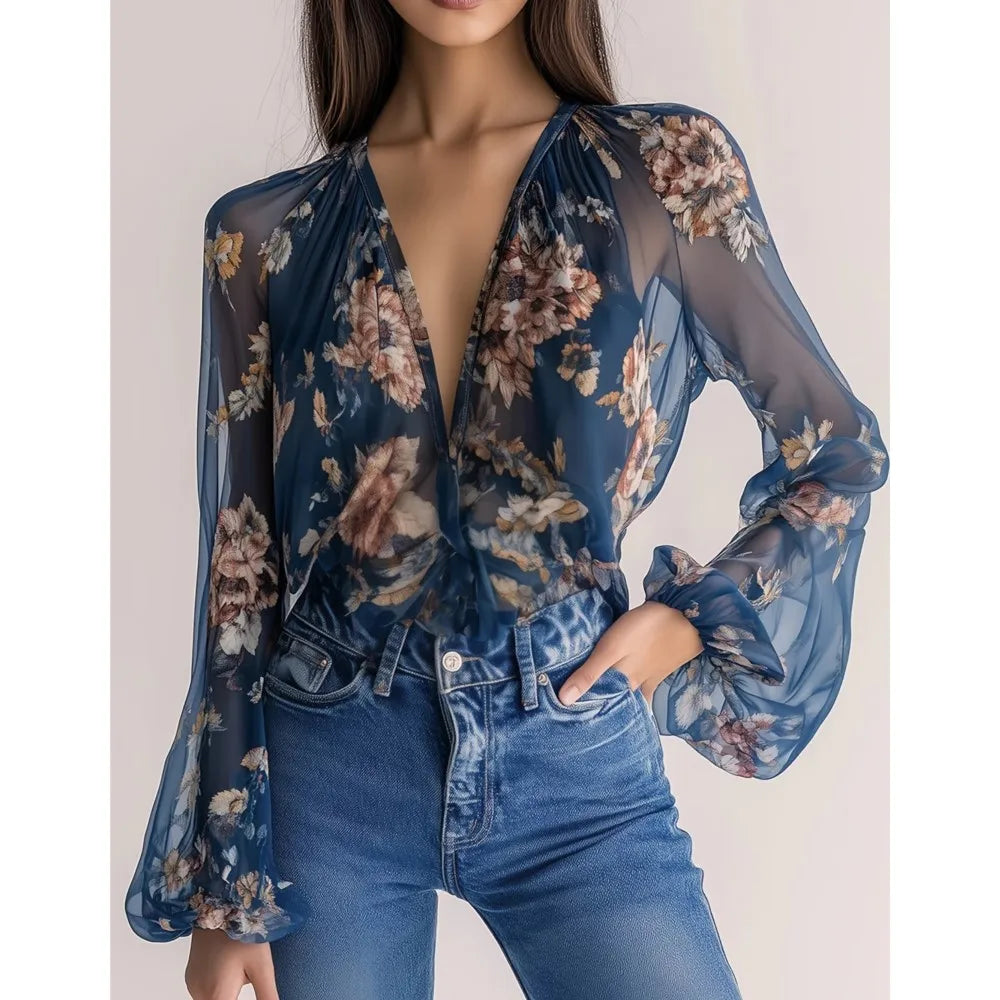Blusa Sexy de Gasa con Cuello en V Profundo y Estampado, ...