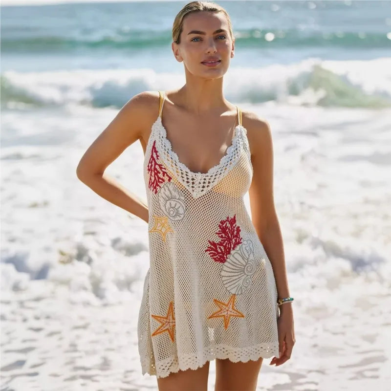 Sexy women's beach knit dress with a V-neck, featuring a fitted design and casual style, perfect for summer beach outings.