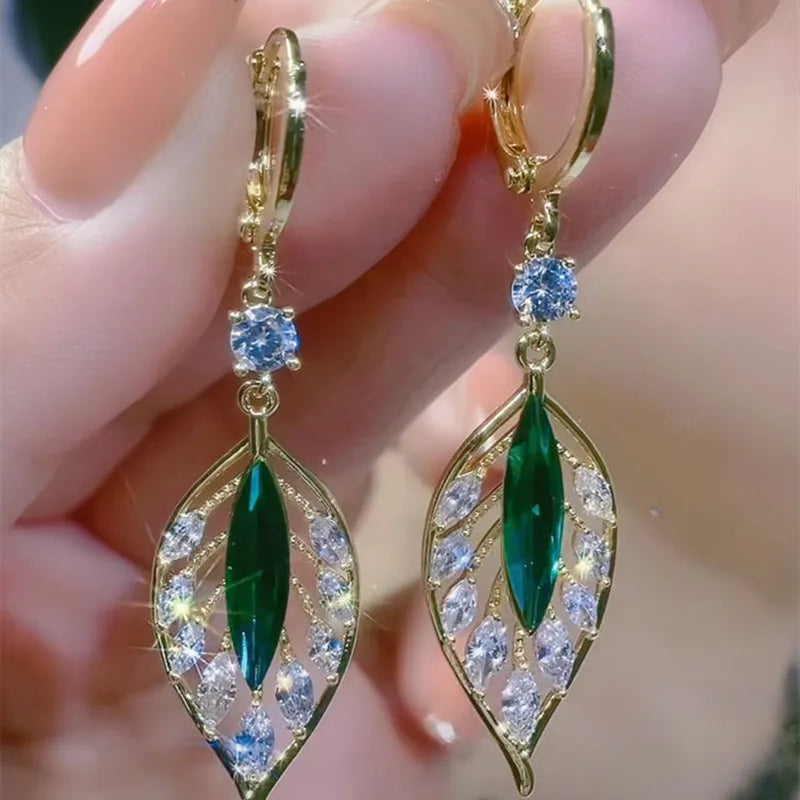 Pendientes de hojas doradas de cristal verde para mujer, ...