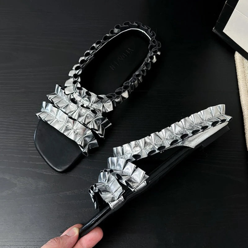 Zapatillas De diseñador plisadas doradas a la moda, Sanda...