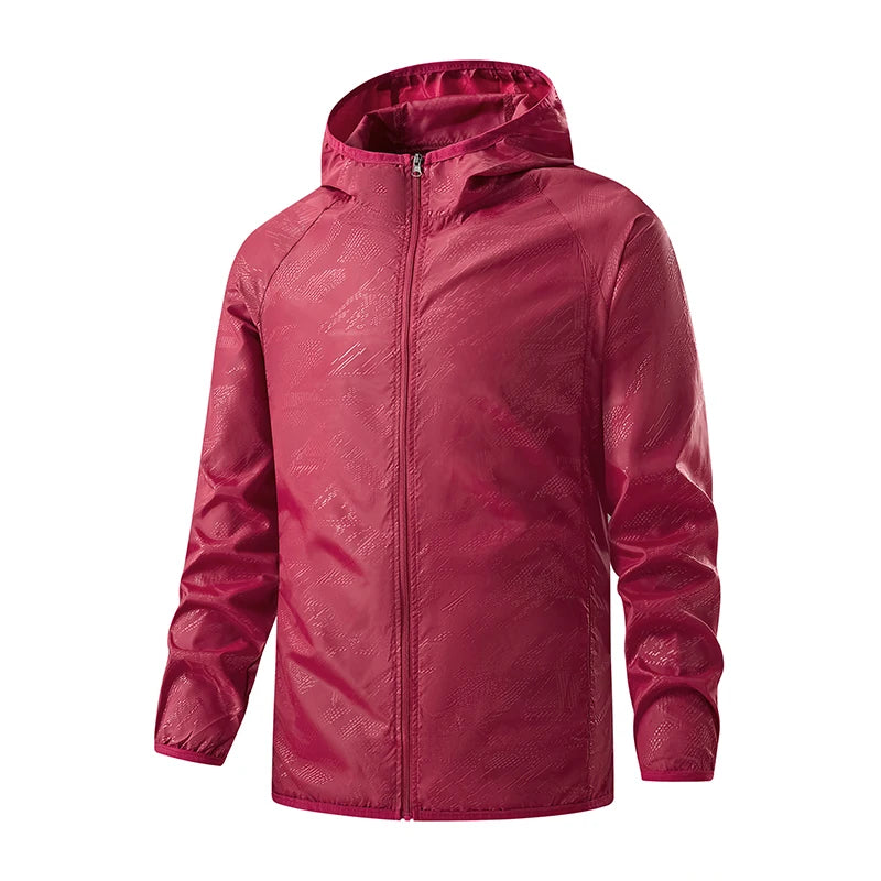 Unisex waterproof hiking jacket by Corporación Turística, shown in a front view with adjustable hood and waterproof fabric.