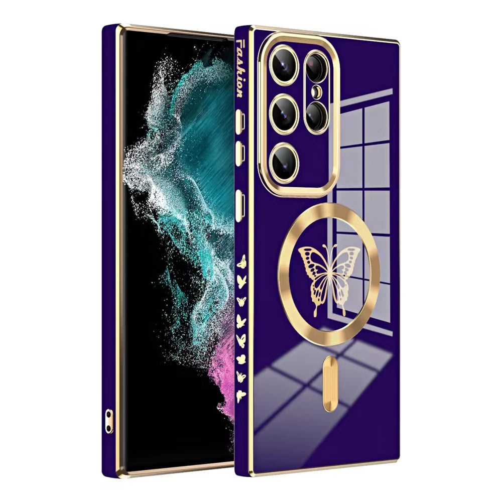 Magnetic electroplated butterfly phone case for Samsung models, featuring vibrant butterfly design and durable protection.