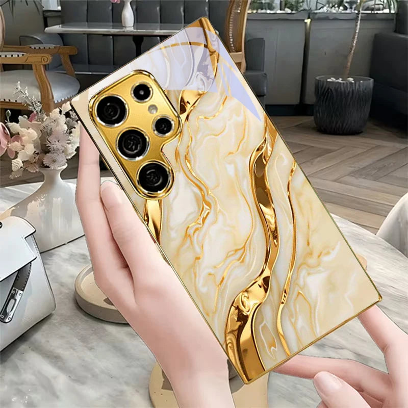 Golden phone case for Samsung A23, A33, A53, A73, A14, and A3 models by Corporación Turística, with a shiny, metallic finish.