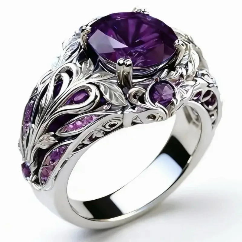 Anillo retro de moda con incrustaciones de circonita púrp...