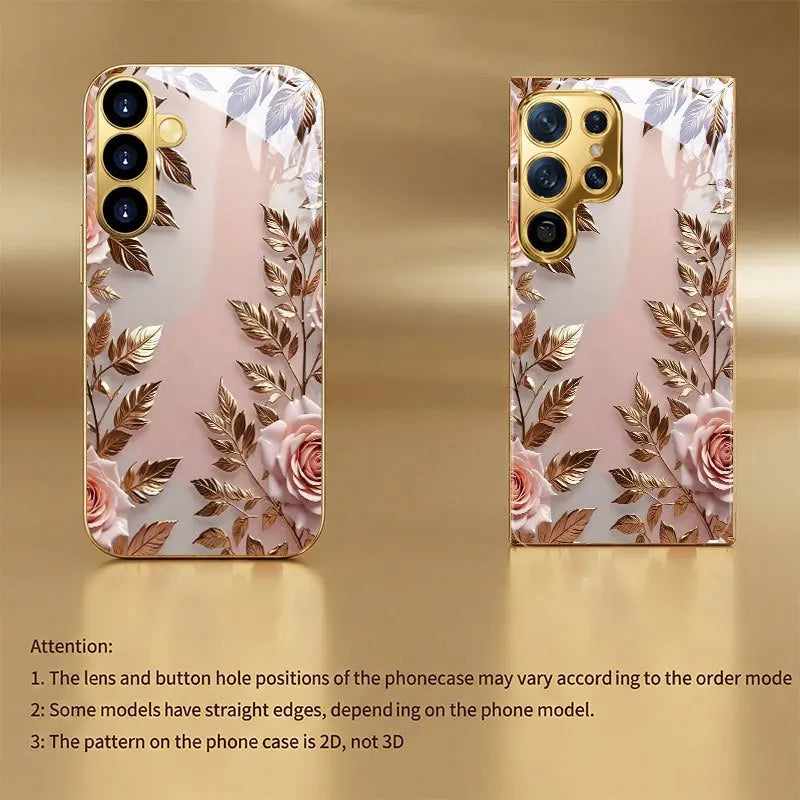 Galvanized glass phone case with floral pattern for smartphones, featuring a stylish and protective design from Corporación Turística.