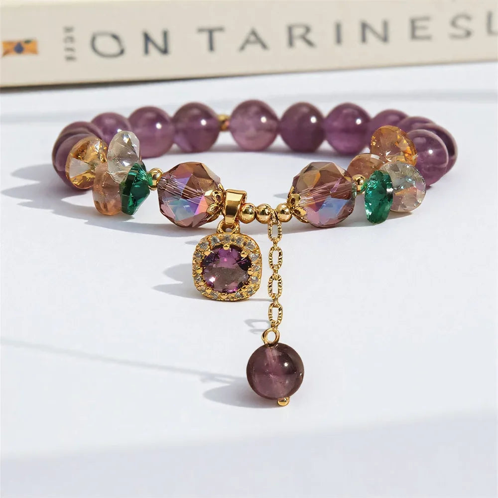 Pulsera de cuentas naturales de cristal púrpura, diseño d...