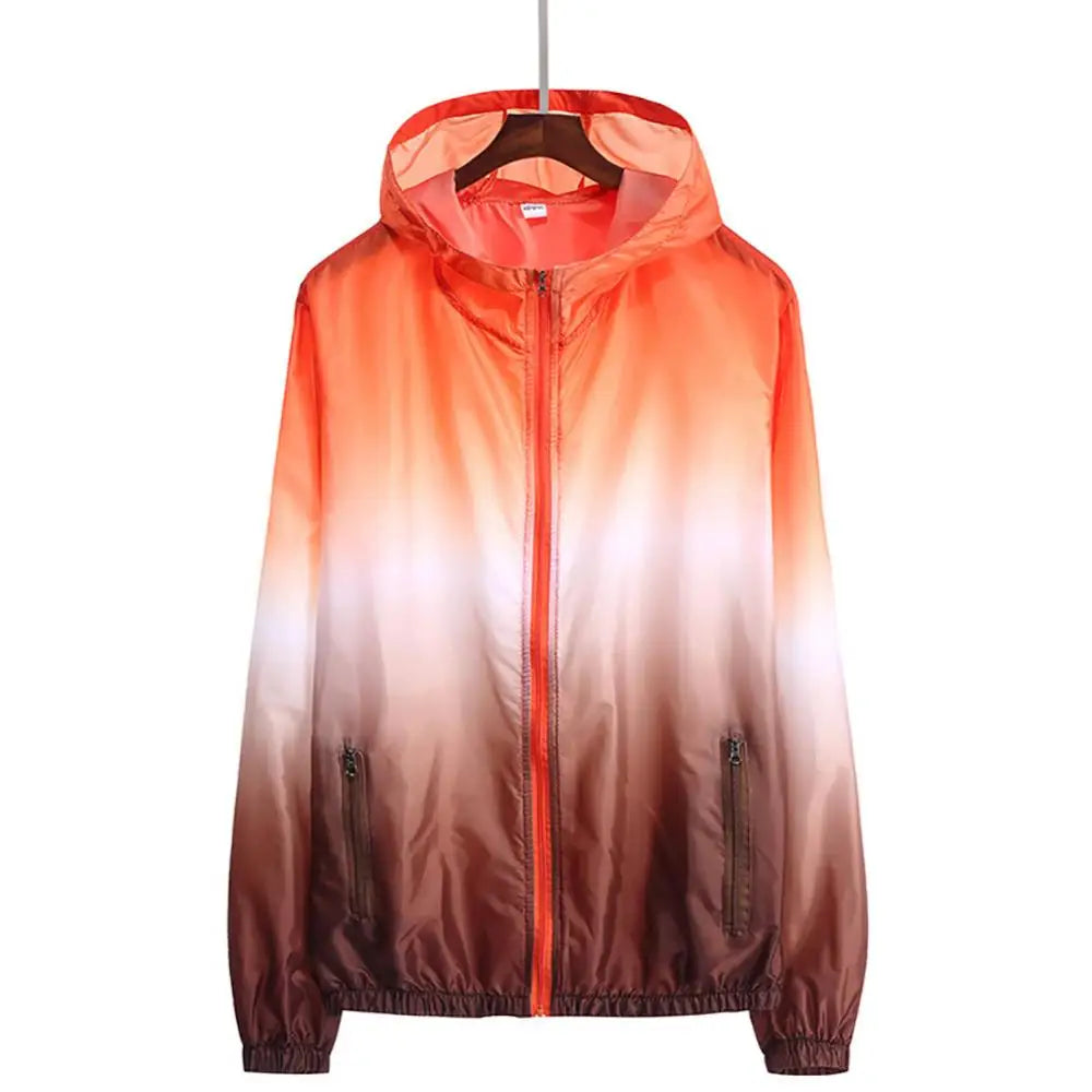 Unisex solar protection jacket with storage pouch, lightweight outdoor clothing by Corporación Turística, shown on a model.