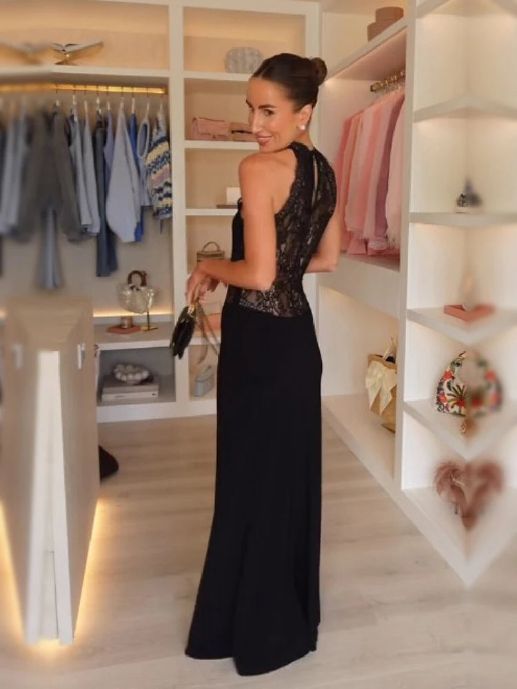Vestido Largo Negro Encaje Halter | HOLD YOUNG | Verano Sexy
