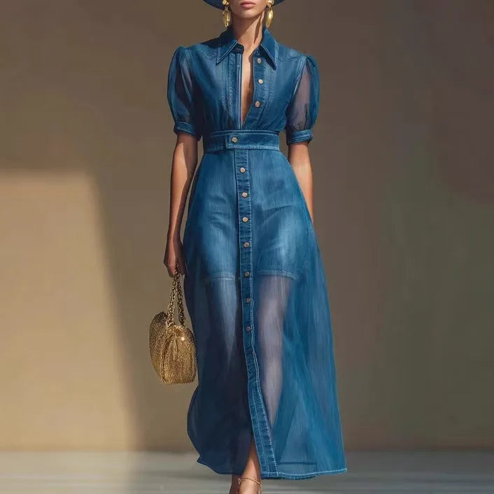 Vestido Camisero Largo de Mezclilla para Mujer con Malla ...
