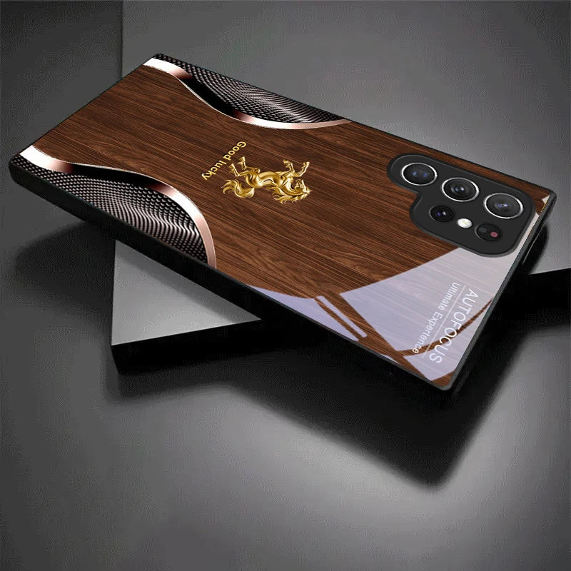Black crystal phone case with gold steed design from Golden Steed Fortune collection, by Corporación Turística.