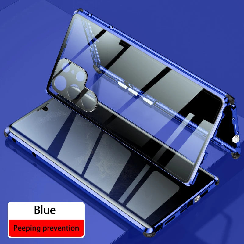 Magnetic metal phone case for Samsung S26 S25 S23 S24 by Corporación Turística, showing the textured black exterior and magnetic front.