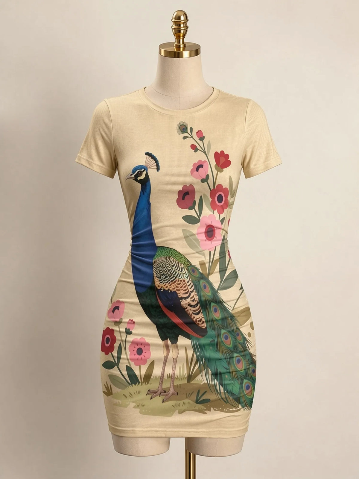 Close-up of a fitted women's mini dress with short sleeves and a collar, featuring a stylish design from Corporación Turística.