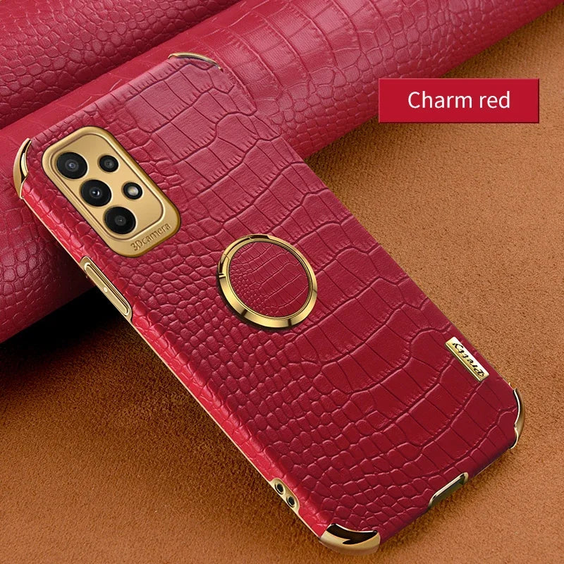 Leather crocodile-pattern phone case for Samsung Galaxy, featuring textured design and precise cutouts by Corporación Turística.