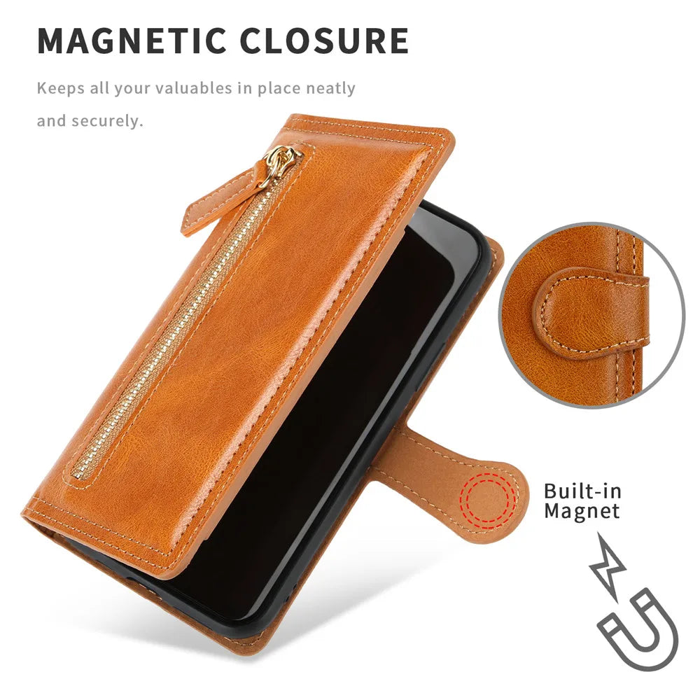 Luxury leather Samsung Galaxy S20 FE, Note 20 Ultra wallet case with zipper and flap, designed for S21, S22, S23 Ultra smartphones.