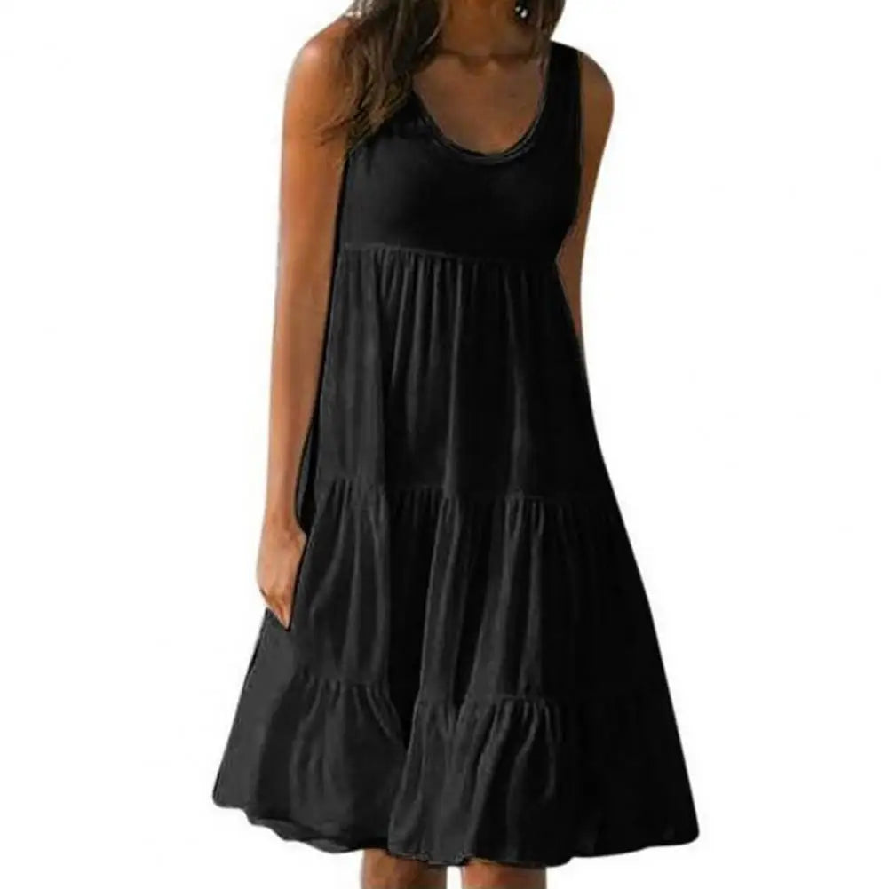 Casual minidress with round neckline and ruffle details, featuring a relaxed fit, from Corporación Turística.