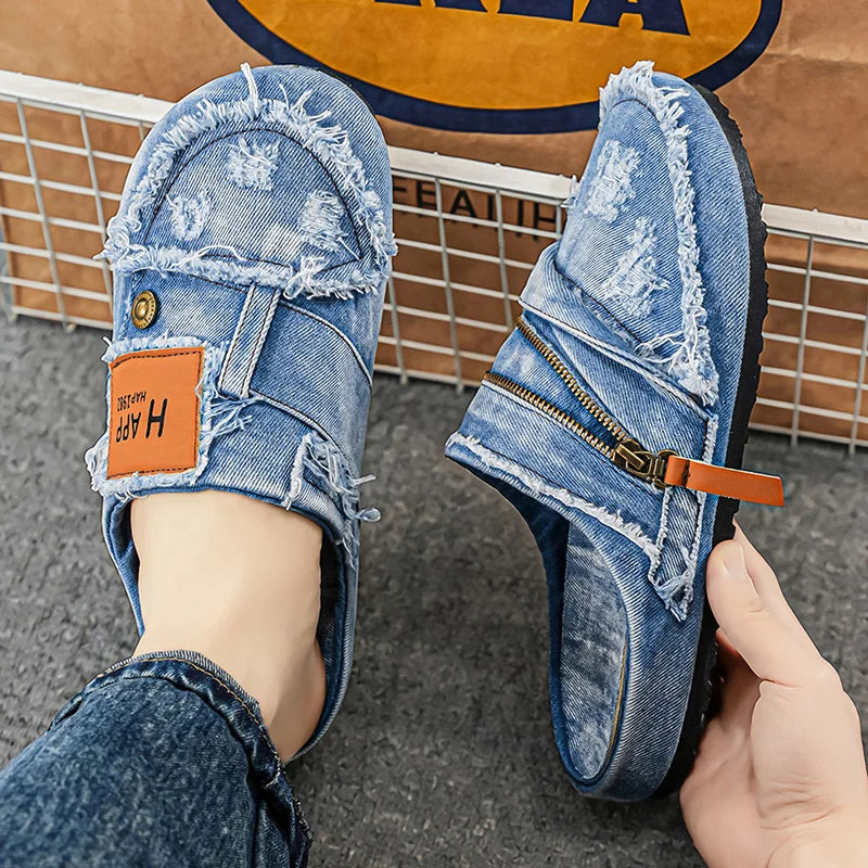 Mules de Mezclilla Azul Claro con Bordes Deshilachados, A...