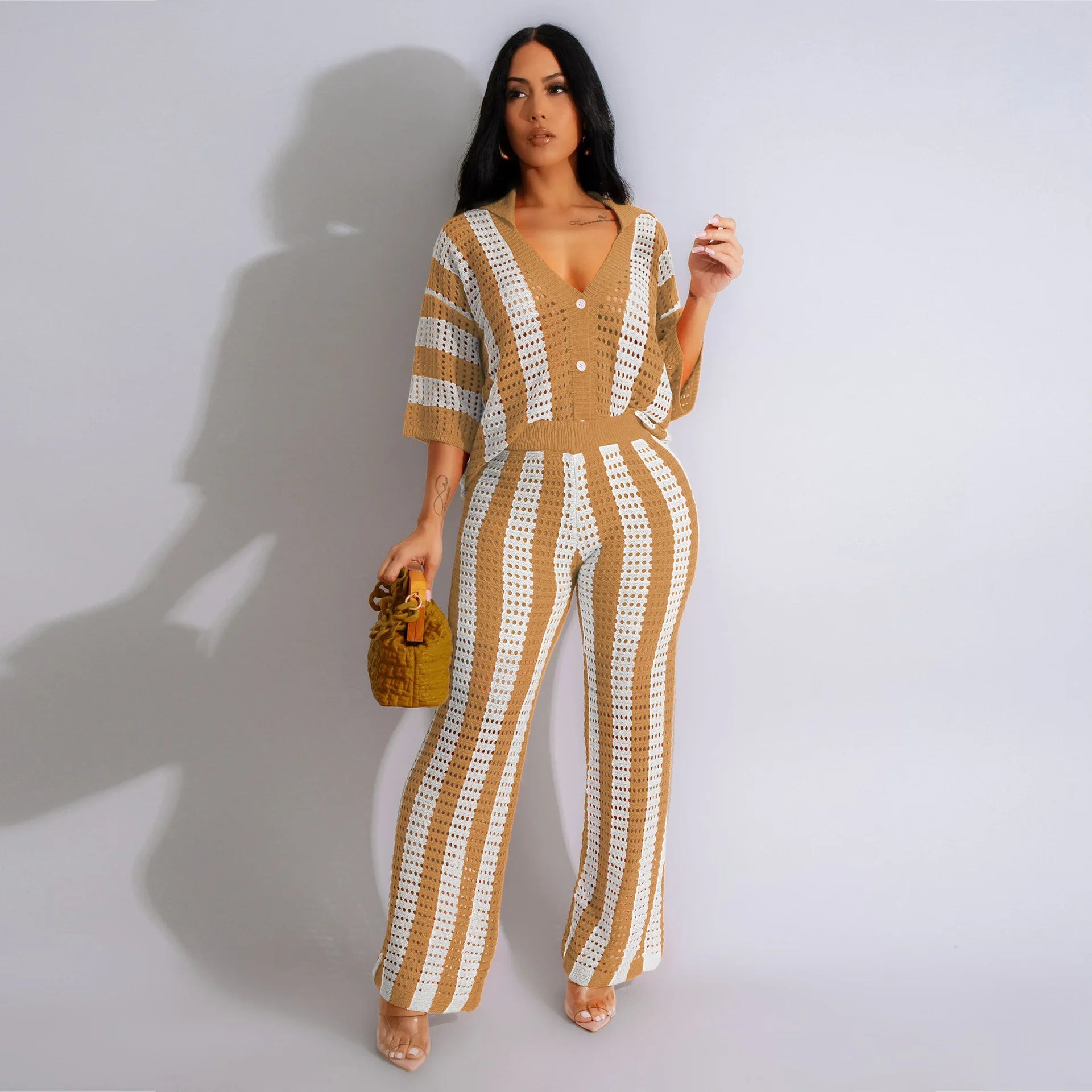 Conjunto Crochet Verano Mujer: Top Botones Manga Corta, Pantalón Largo