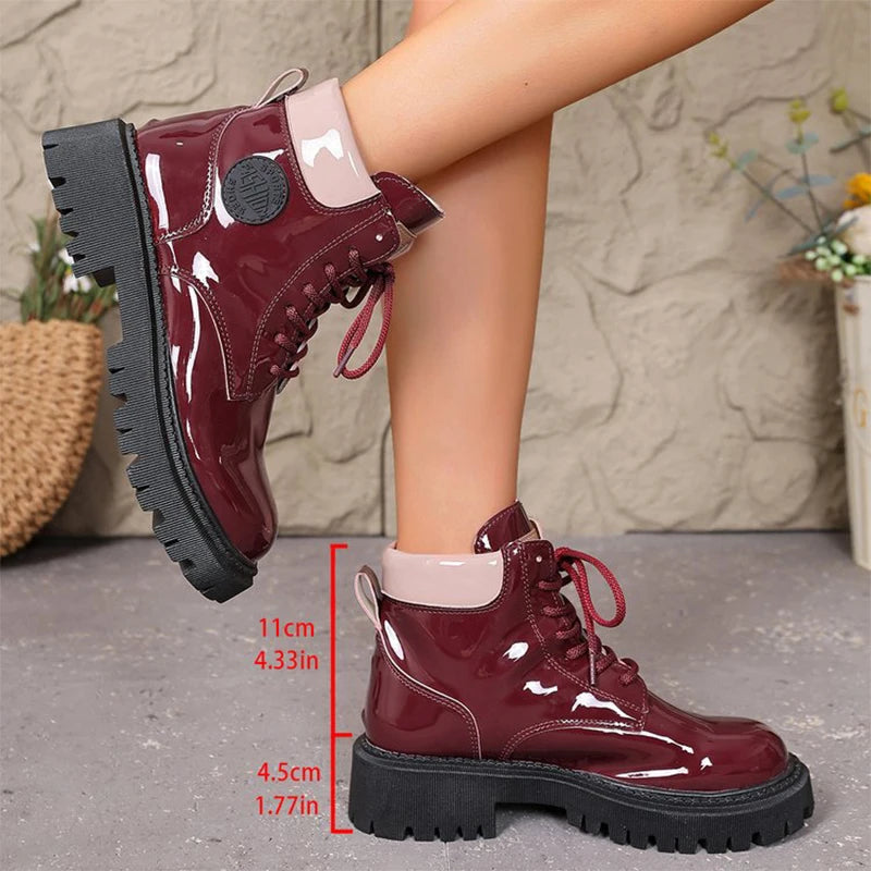 Botas de charol con cordones para mujer, botas de punta r...