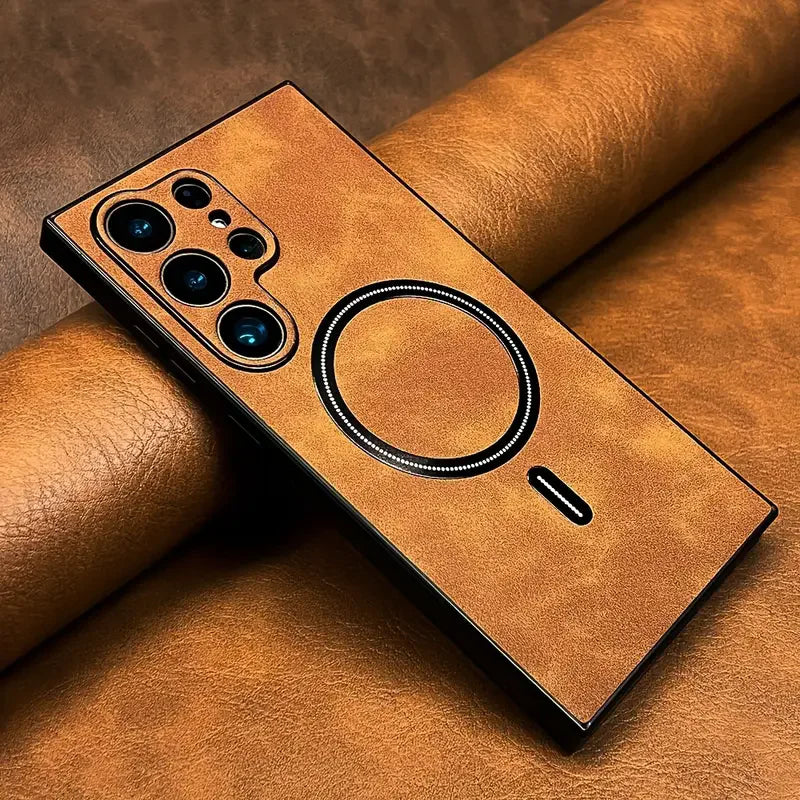 Luxury leather magnetic phone case for Samsung Galaxy S26 by Corporación Turística, featuring sleek design and secure magnetic closure.