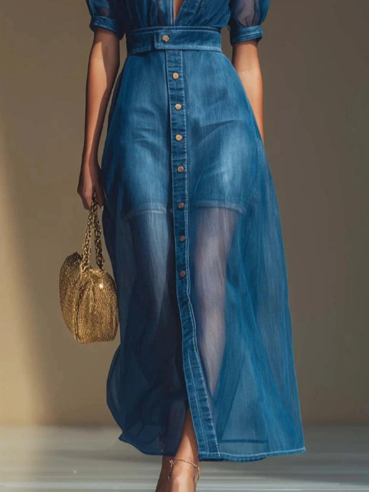 Vestido Camisero Largo de Mezclilla para Mujer con Malla ...