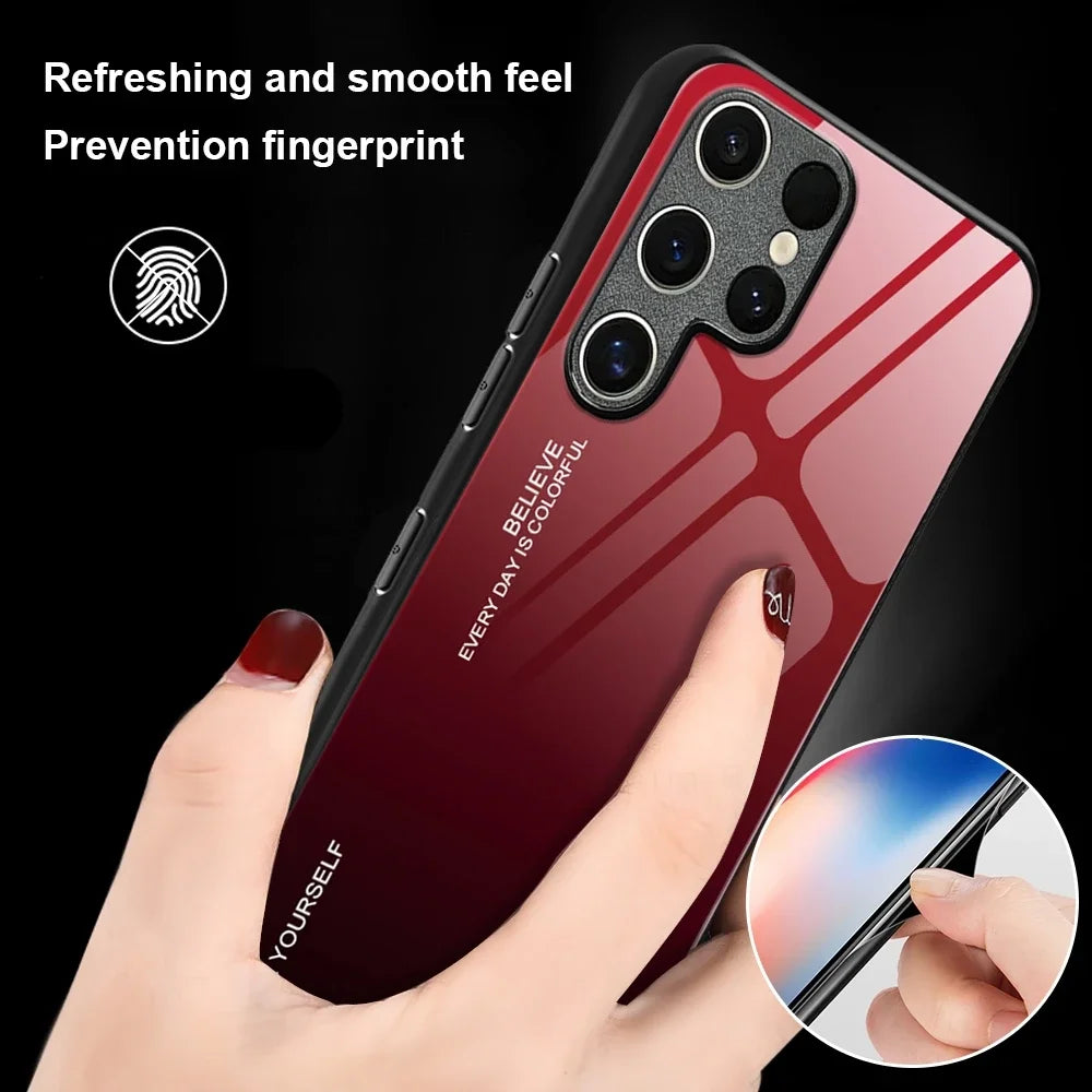 Tempered glass phone case with gradient design for Samsung Galaxy S2, by Corporación Turística, showing the colorful transparent cover.