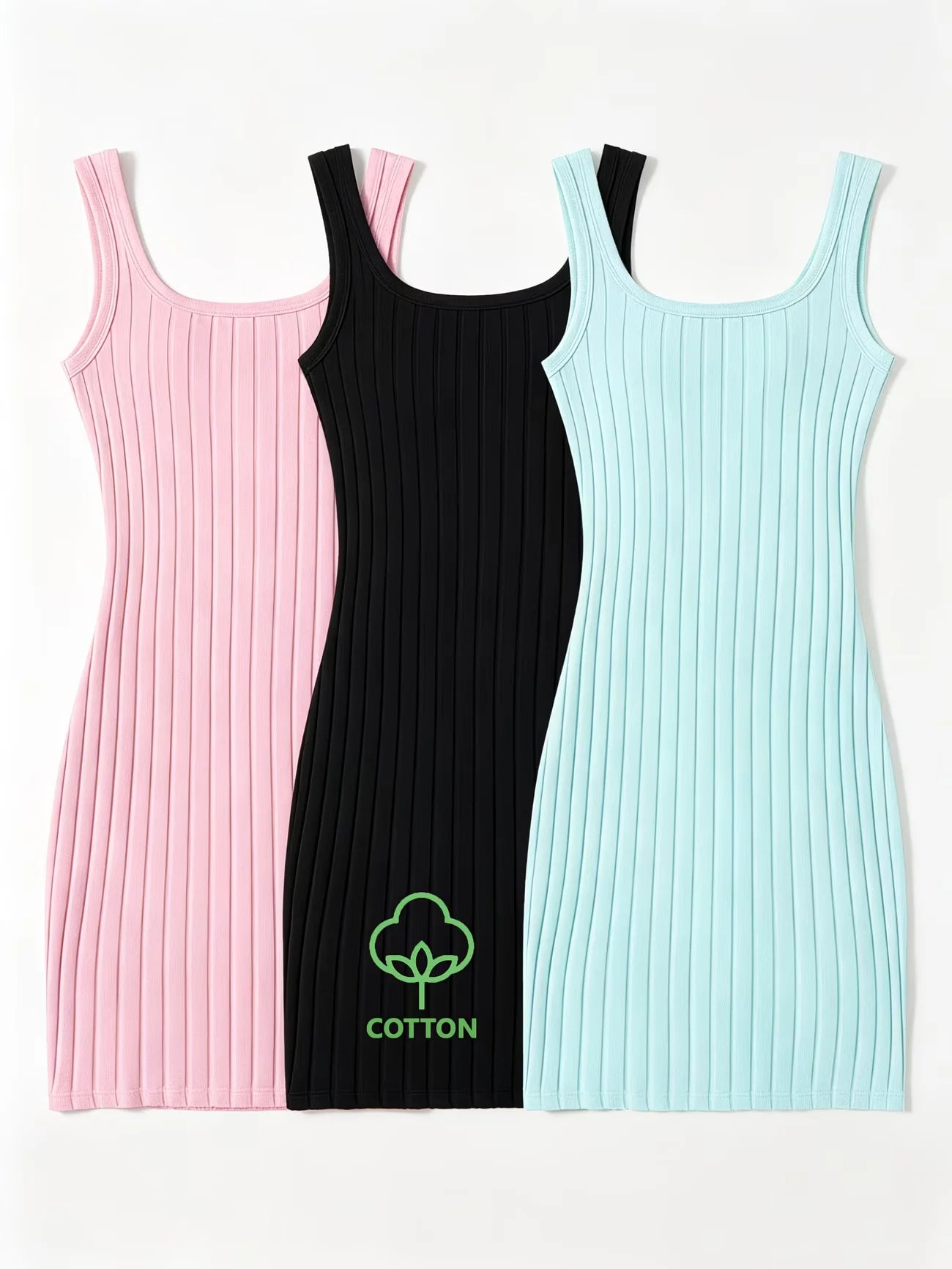 3 Vestidos Ajustados de Color Sólido con Textura Acanalad...
